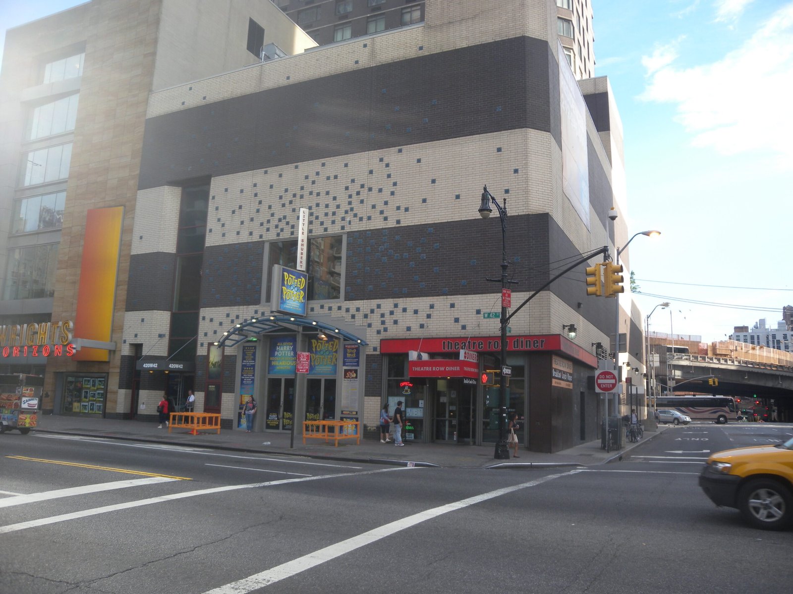 Stage 42 theater exterior on West 42nd Street in Theatre Row, home to a 499-seat Off-Broadway auditorium with stadium seating
